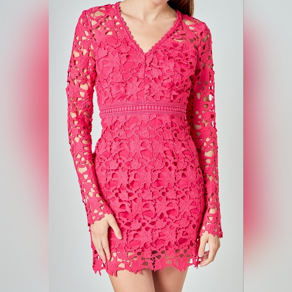 Endless Rose Vibrant Pink Long Sleeve Lace Mini Dress